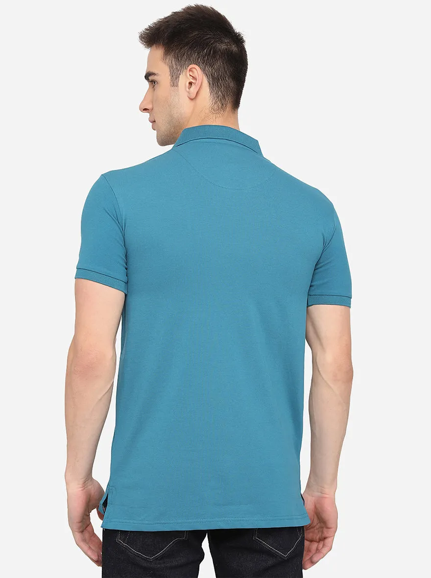 Aqua Blue Solid Slim Fit Polo T-Shirt | JadeBlue