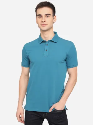 Aqua Blue Solid Slim Fit Polo T-Shirt | JadeBlue