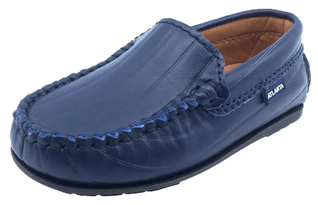 Atlanta Mocassin Boy's and Girl's Leather Embossed Stripe Loafers, Navy