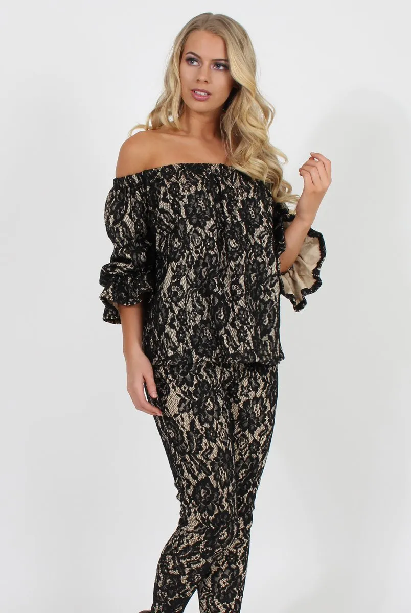 Black and Nude Lace Two Piece - Nicole