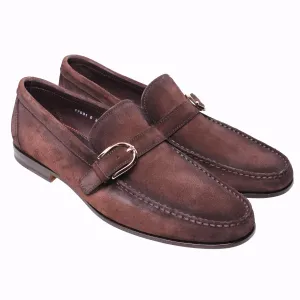 Brown Slip On Single Buckle Suede Loafers