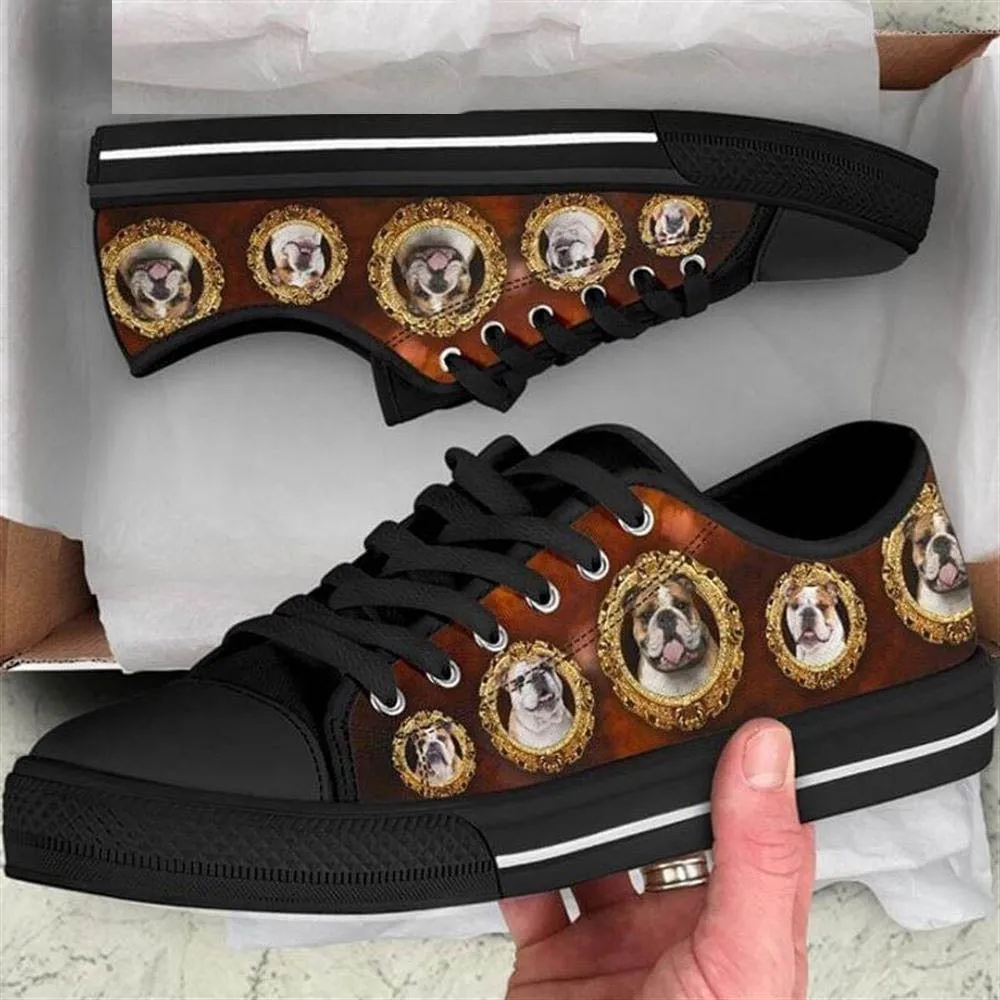 Bulldog Low Top Shoes - Bulldog Gilded Frame Vintage Canvas Sneakers, Dog Printed Shoes, Canvas Shoes For Men, Women