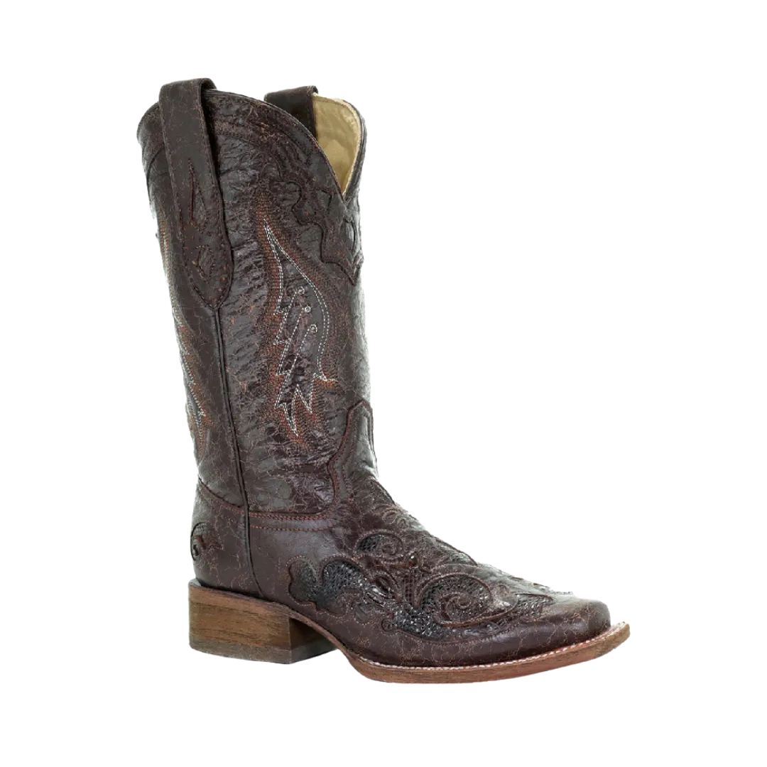 Corral Boots Women's Chocolate Snake Inlay Square Toe Boot