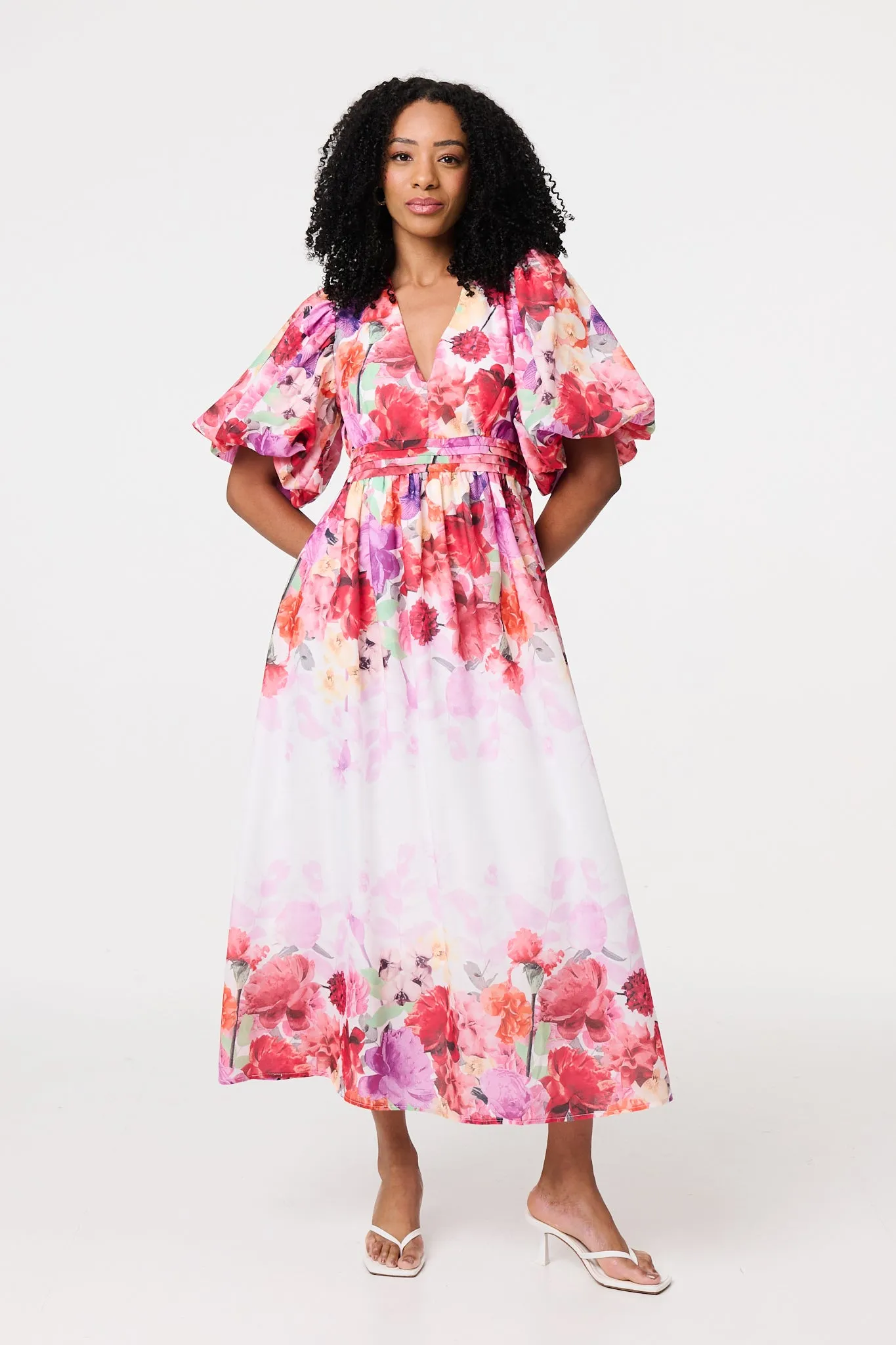 Floral Print 1/2 Angel Sleeve Midi Dress