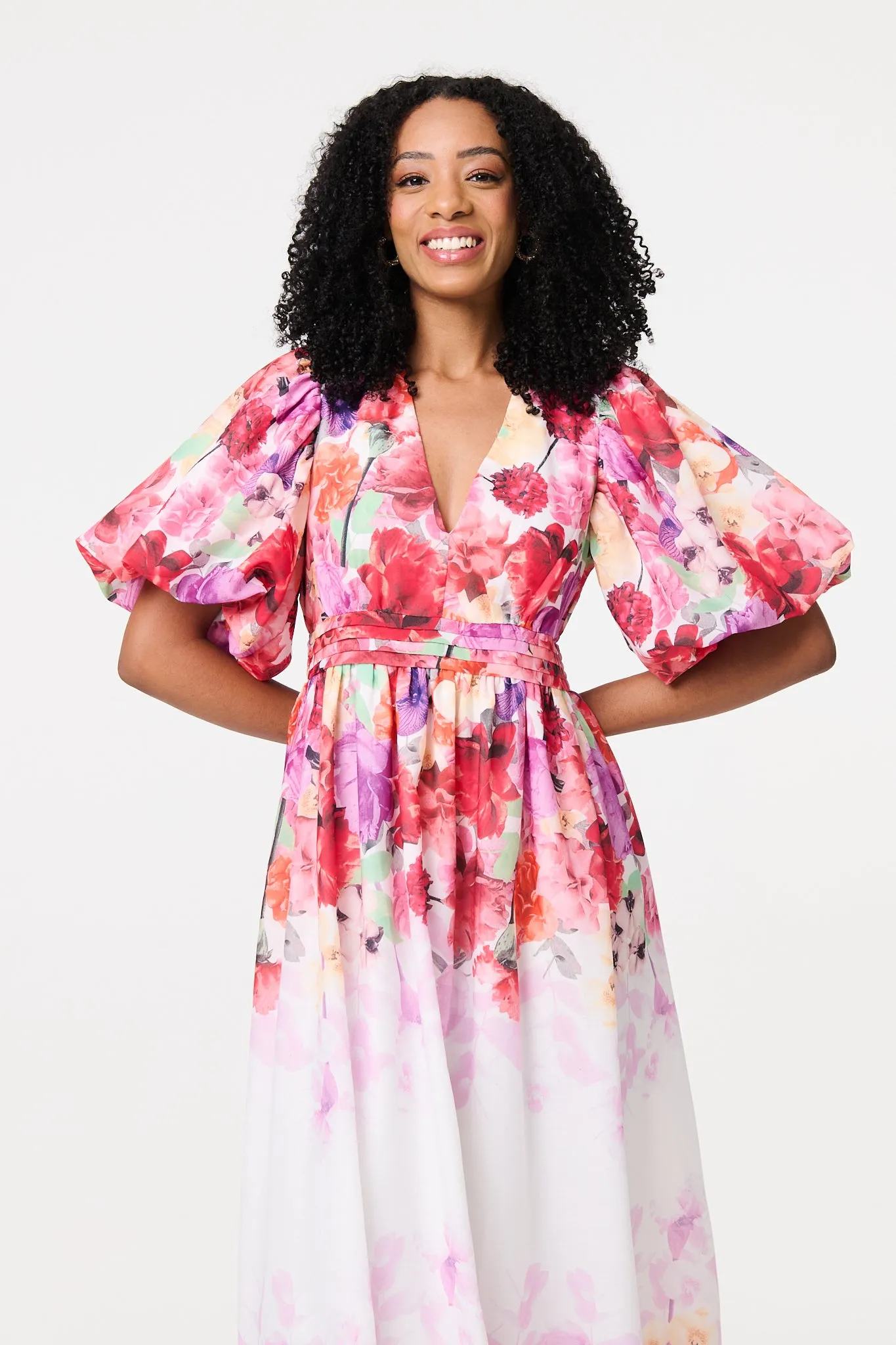 Floral Print 1/2 Angel Sleeve Midi Dress