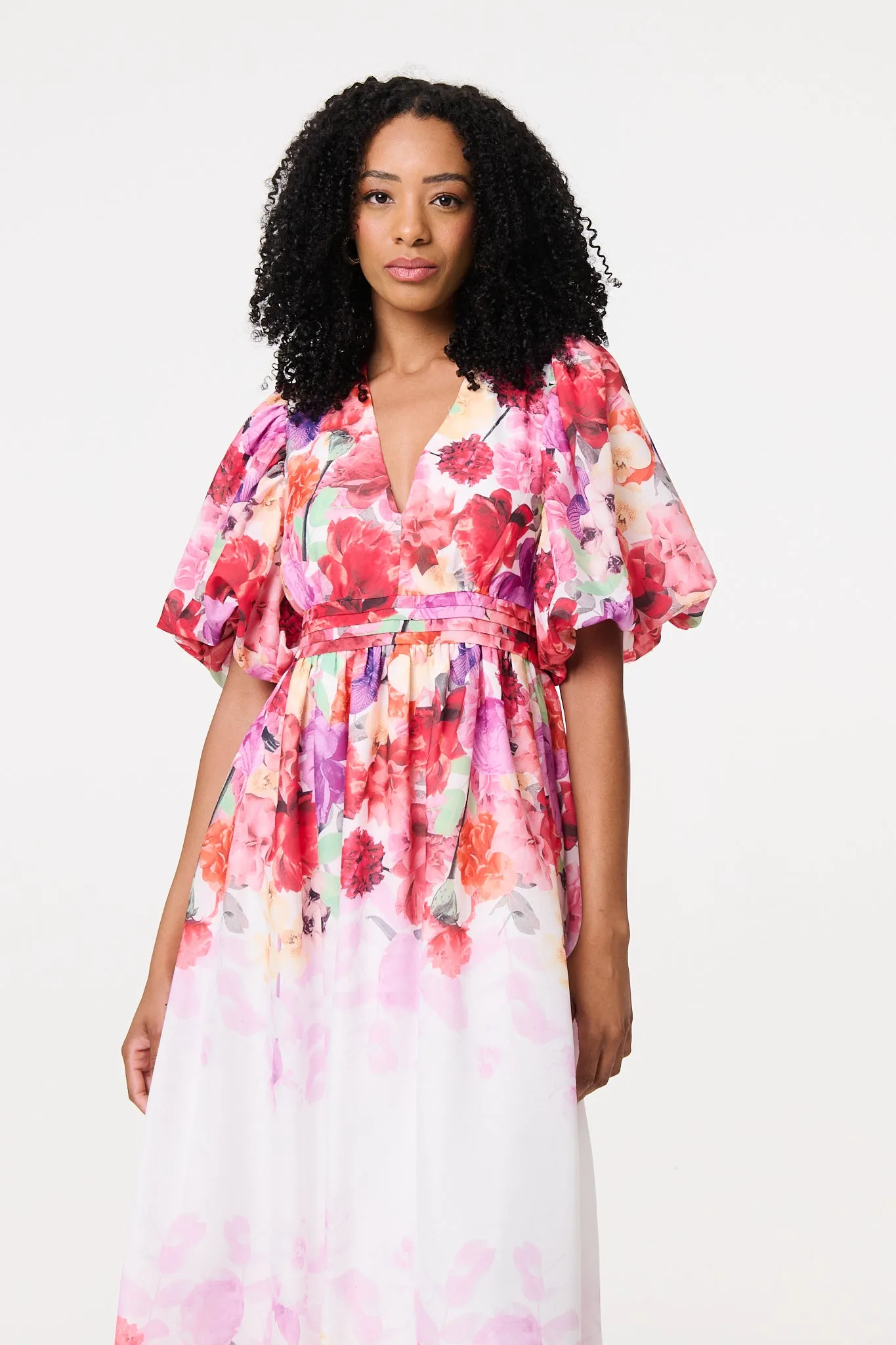 Floral Print 1/2 Angel Sleeve Midi Dress