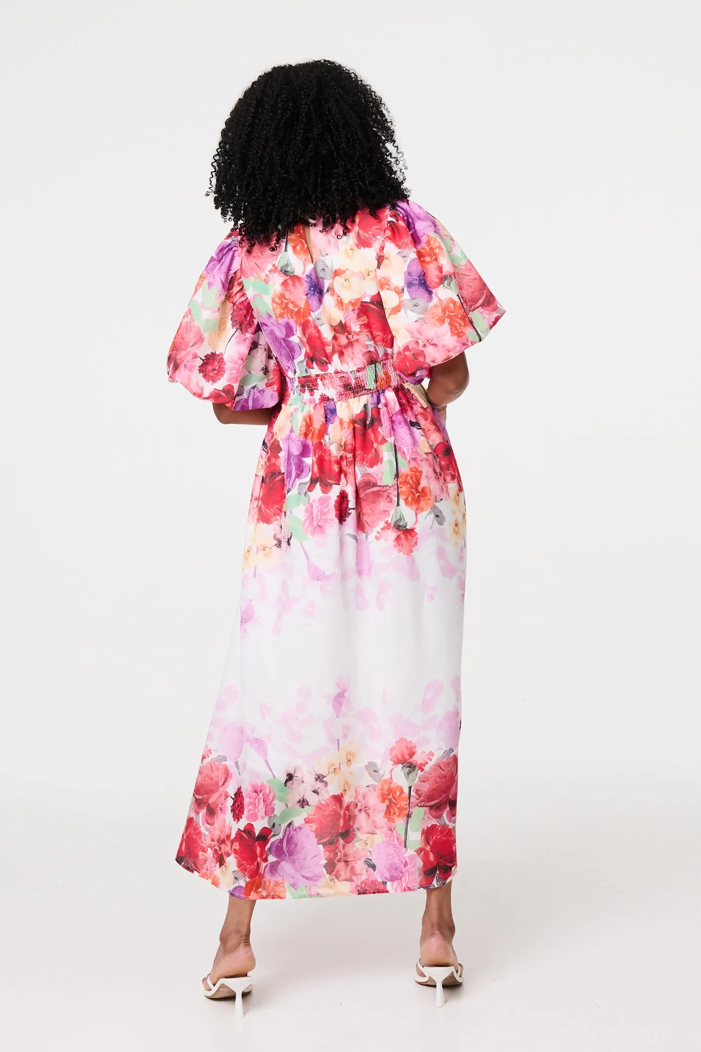 Floral Print 1/2 Angel Sleeve Midi Dress