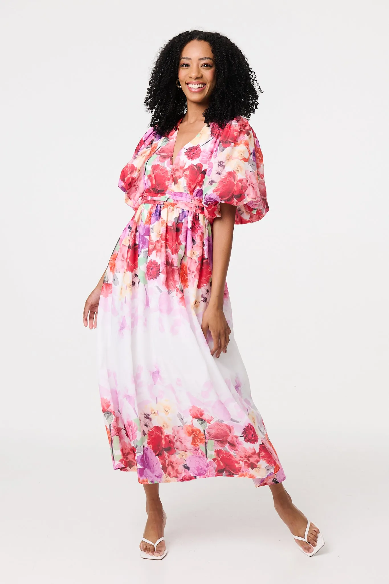 Floral Print 1/2 Angel Sleeve Midi Dress