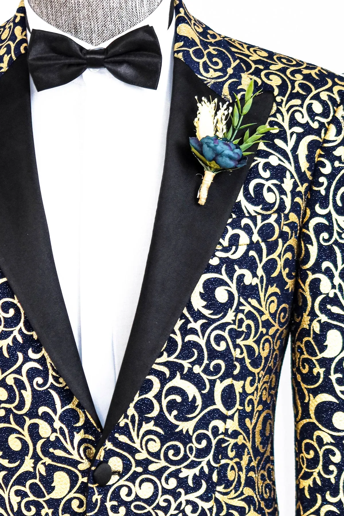 Gold Patterned Over Navy Men Party Blazer - Wessi