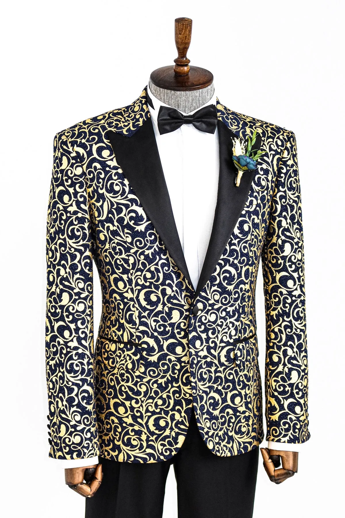 Gold Patterned Over Navy Men Party Blazer - Wessi