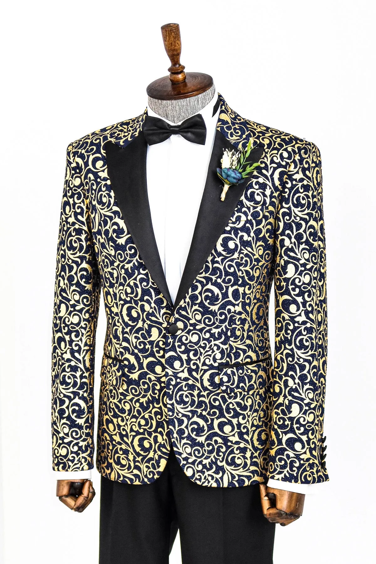 Gold Patterned Over Navy Men Party Blazer - Wessi