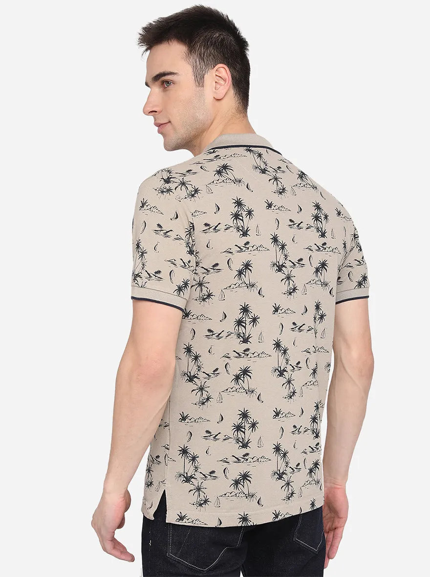 Grey Printed Slim Fit Polo T-Shirt | Greenfibre