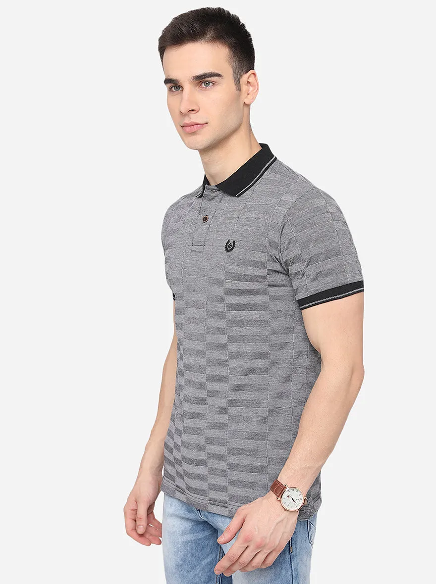 Grey Striped Slim Fit Polo T-Shirt | Greenfibre