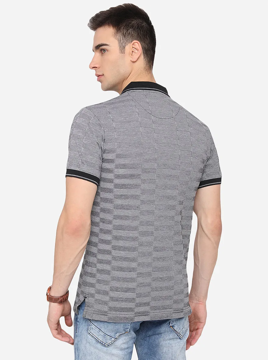 Grey Striped Slim Fit Polo T-Shirt | Greenfibre