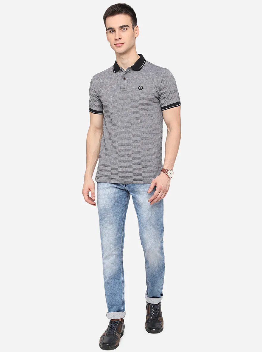 Grey Striped Slim Fit Polo T-Shirt | Greenfibre