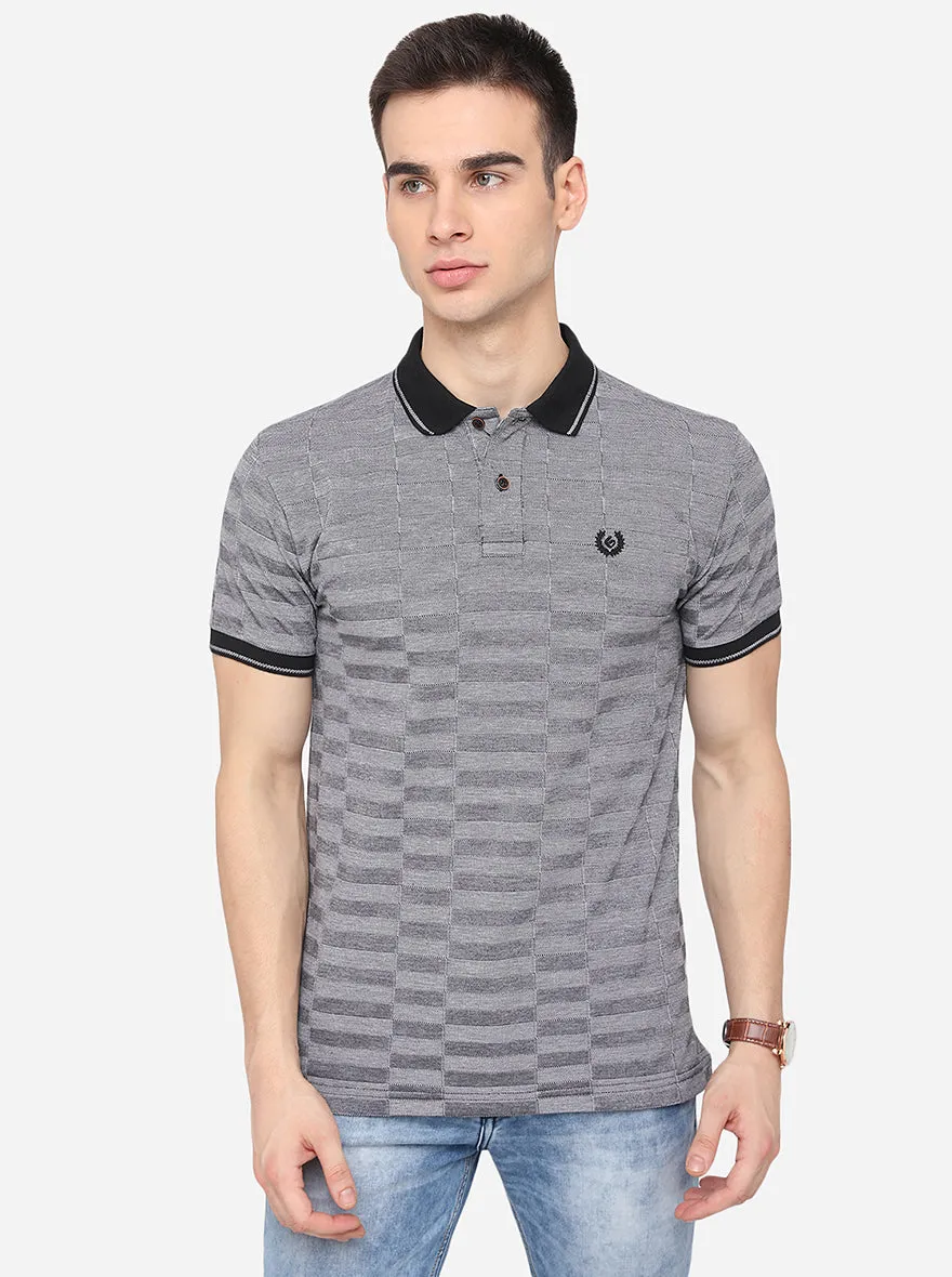 Grey Striped Slim Fit Polo T-Shirt | Greenfibre