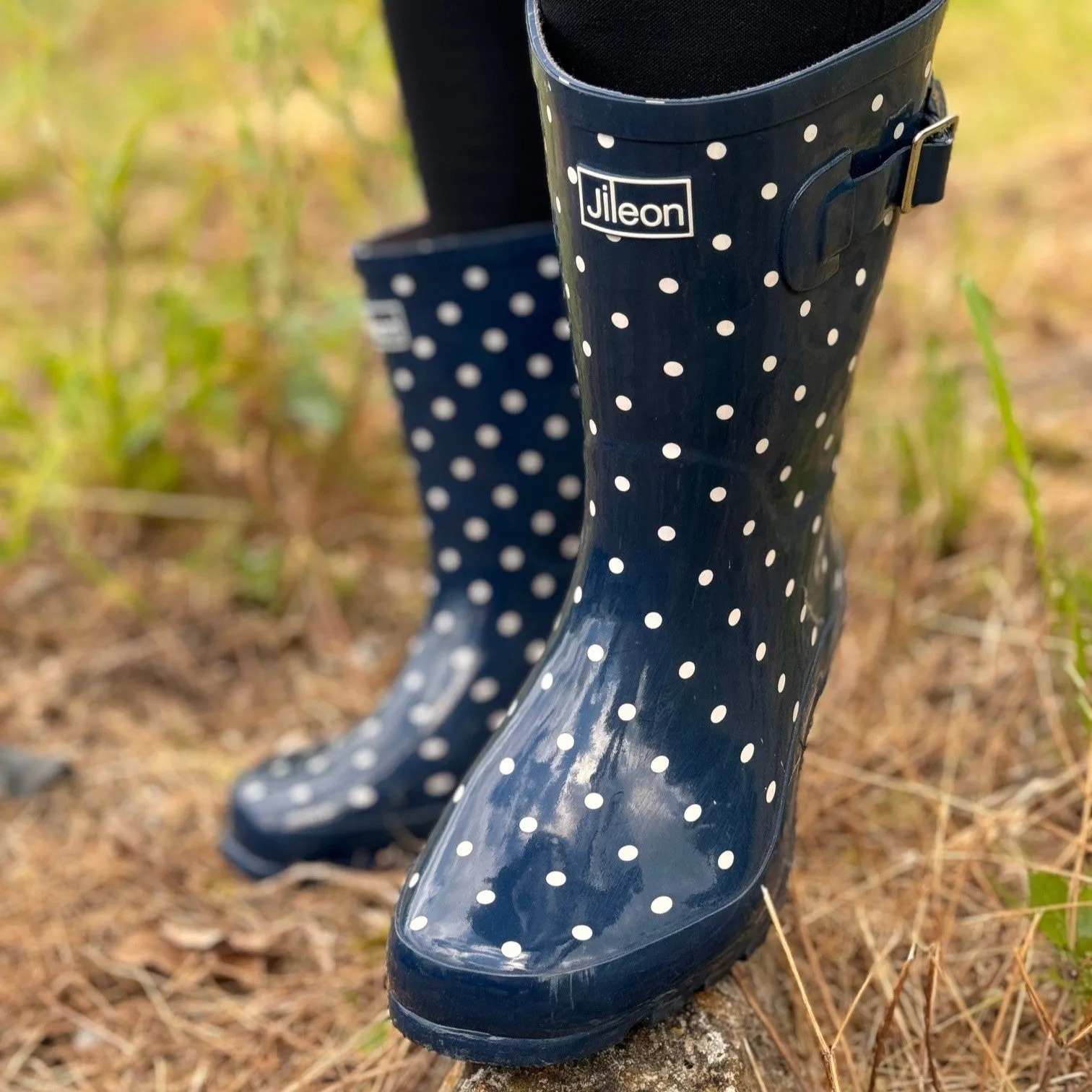 Half Height Navy Spot Rain Boots - Wide Foot and Ankle