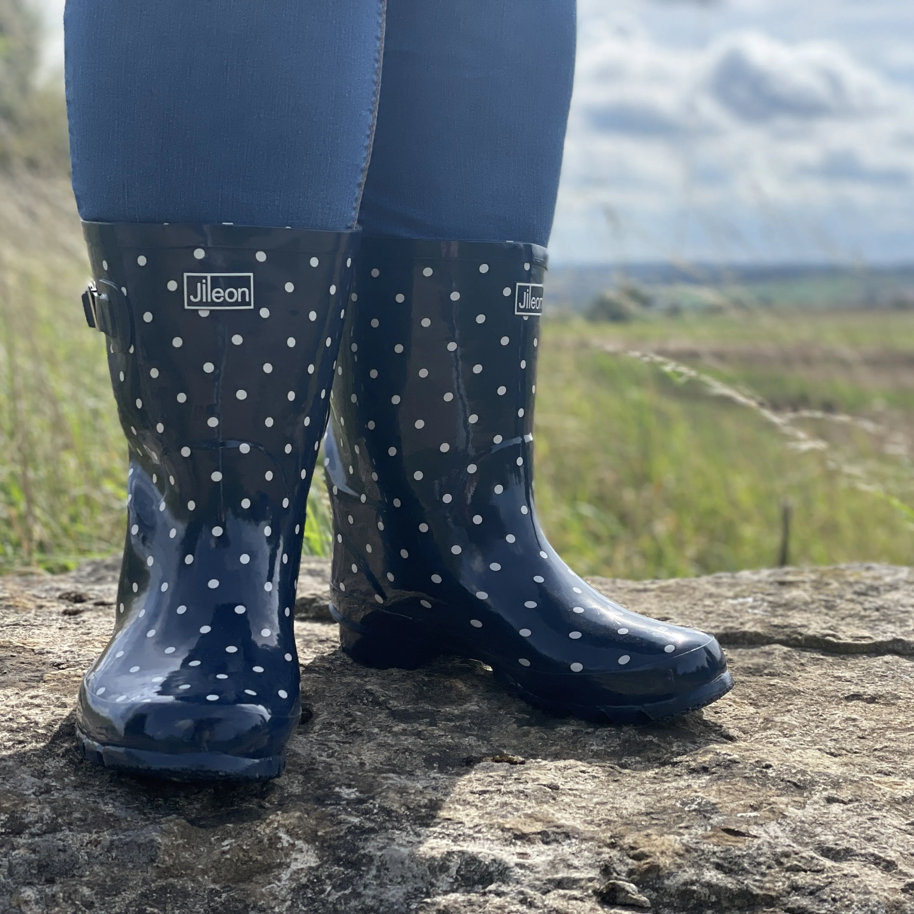 Half Height Navy Spot Rain Boots - Wide Foot and Ankle