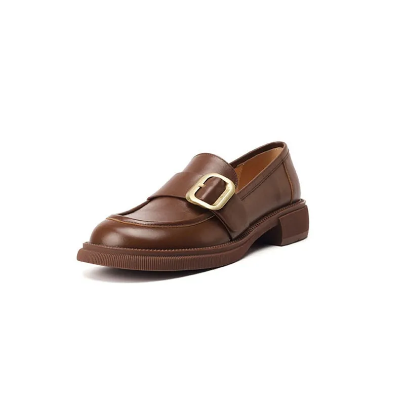 Leather Loafers for Women with Metal Buckle Round Toe in Brown/Black/Beige