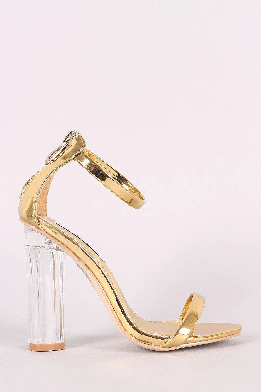 Metallic Ankle Strap Chunky Lucite Heel