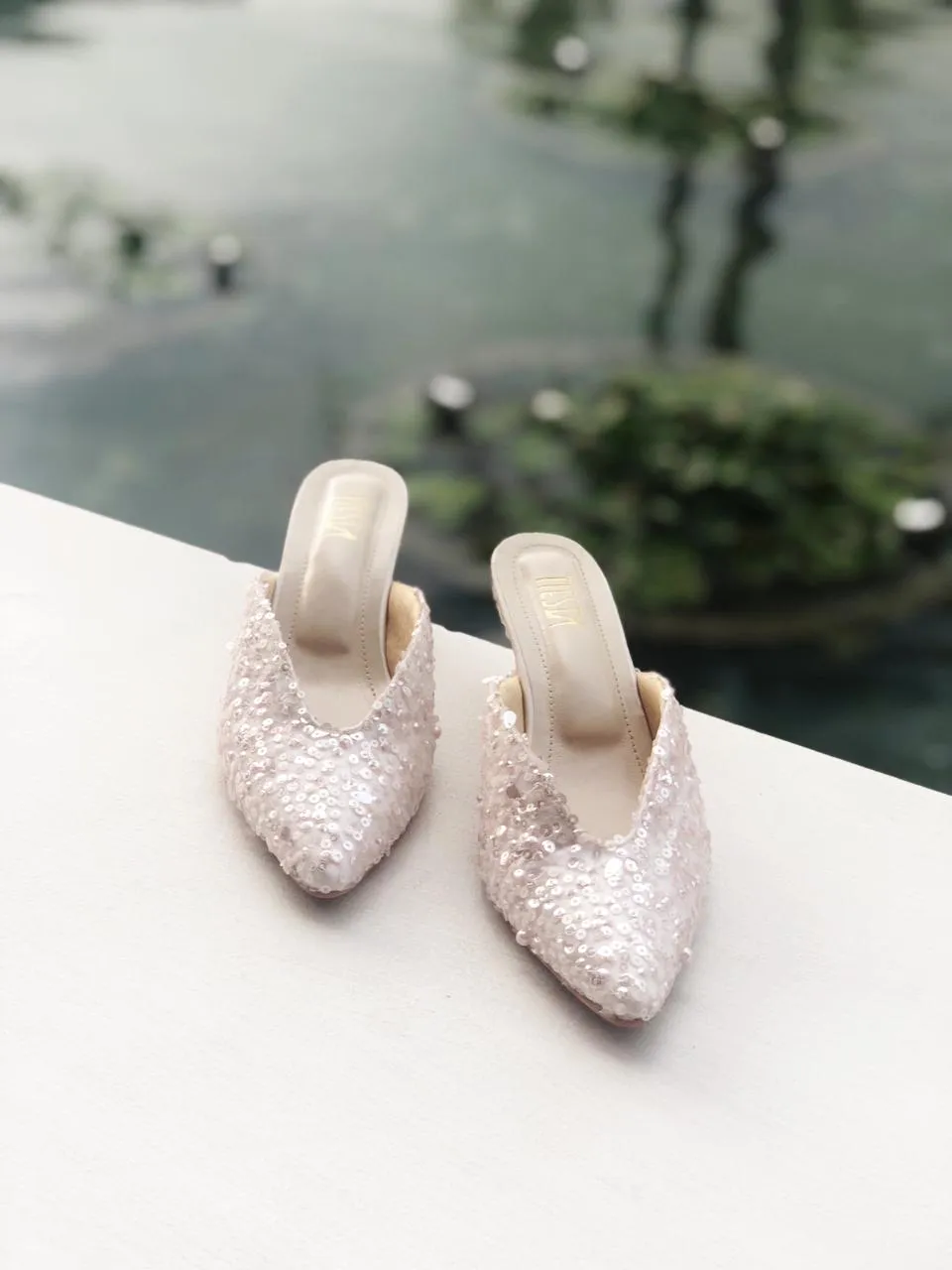 Naaz (White) SEQUINS Kitten close pointy sandals