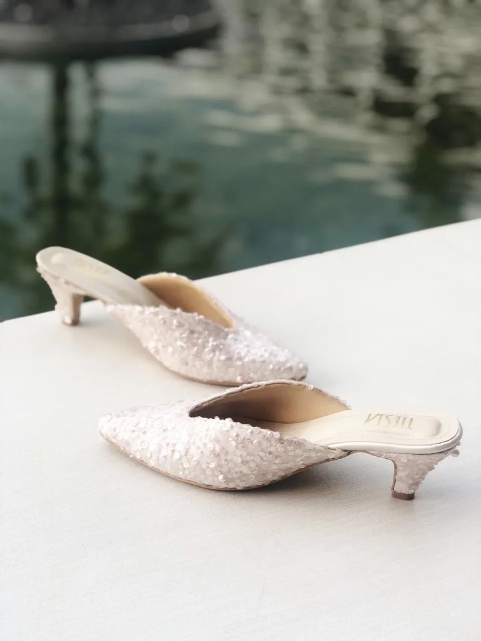 Naaz (White) SEQUINS Kitten close pointy sandals