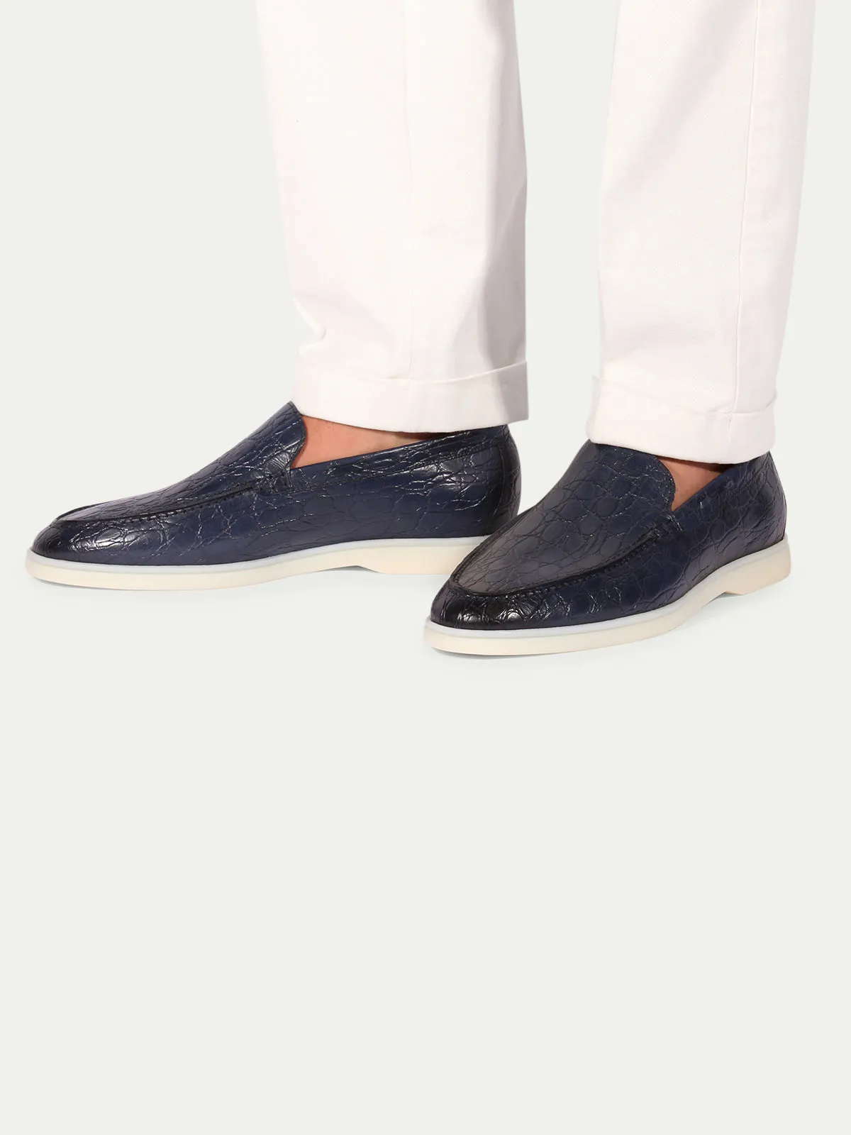 Navy Crocodile Yacht Loafers