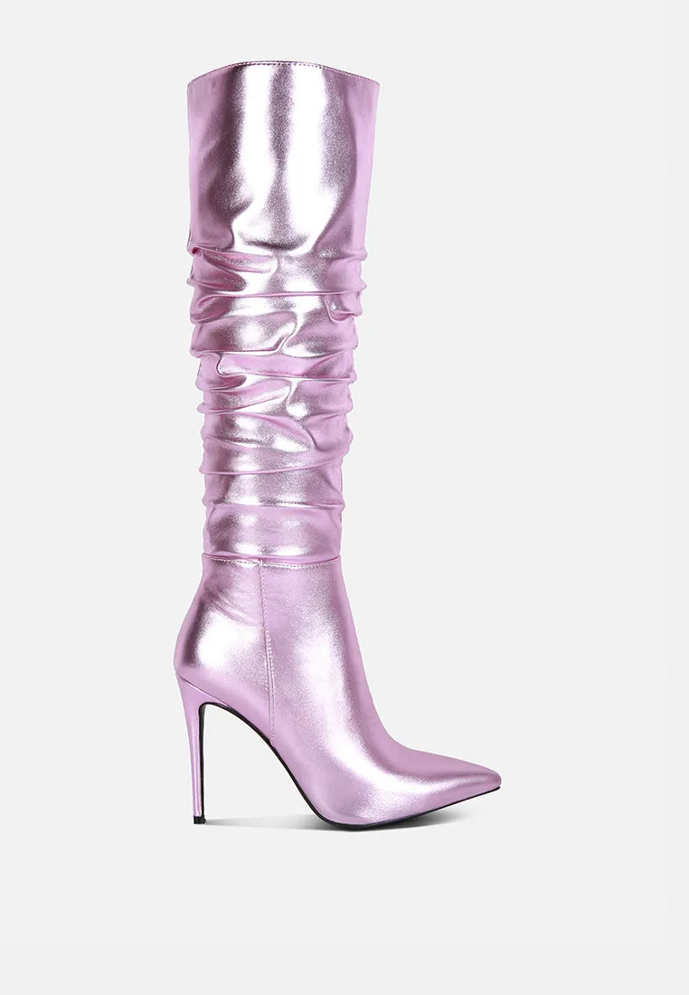 NEW-EXPRESSION Pink Metallic Ruched Stiletto Knee Boots