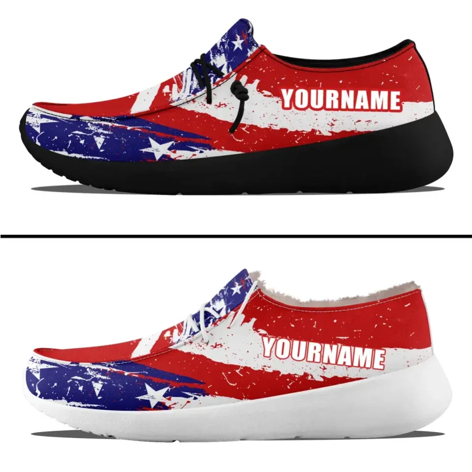 Personalized USA Flag Sneakers, Custom Stars and Stripes Loafer Shoes, Fur Lining Shoe, Pride in Comfort,ZH-240202305-1bb