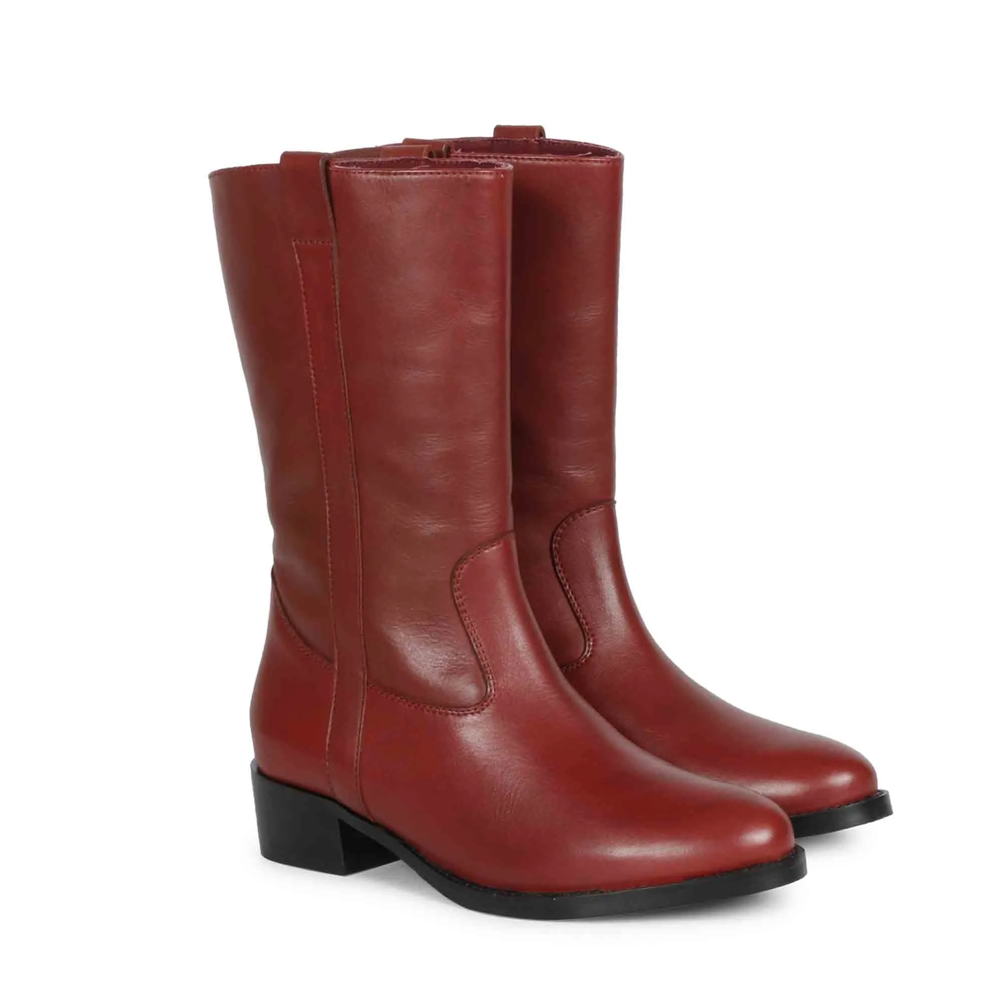 Saint Inès Florian Burgundy Leather Pull On Calf Boots