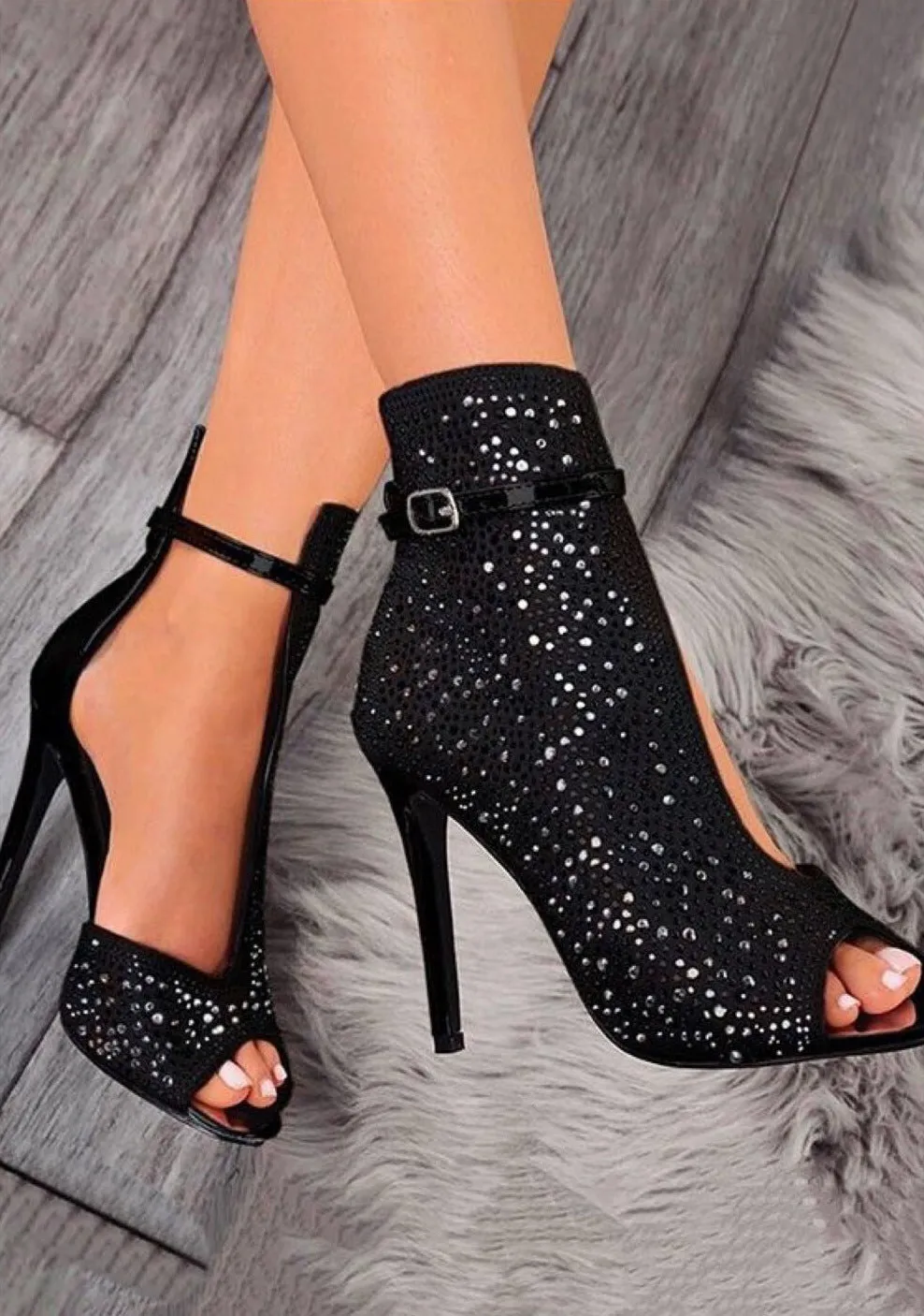 Shiny Black Rhinestone Heels