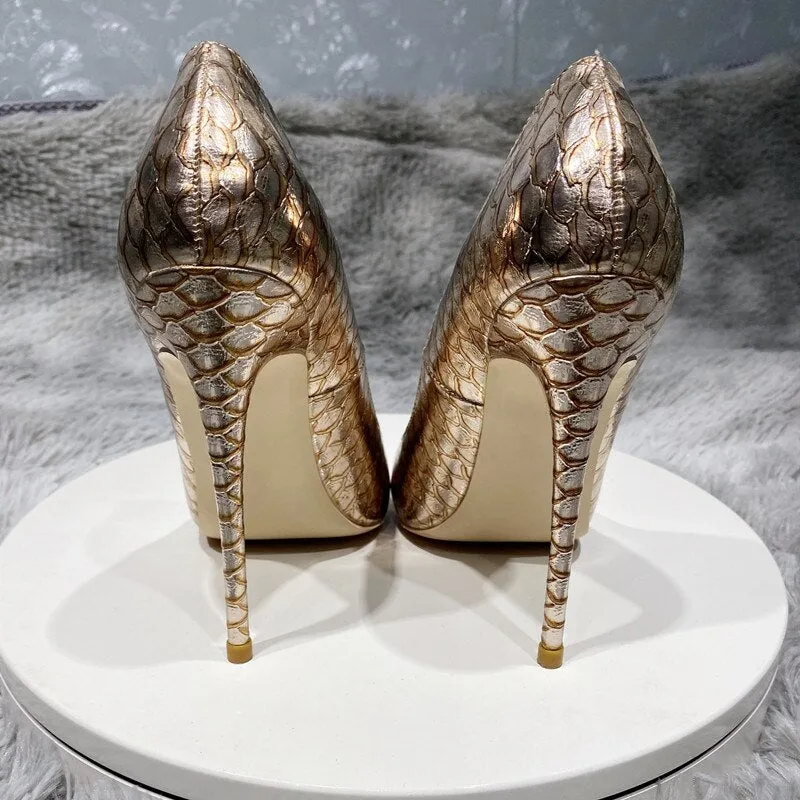 Shiny Gold Crocodile Pattern Pointy Toe Shoes