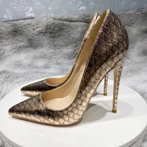 Shiny Gold Crocodile Pattern Pointy Toe Shoes