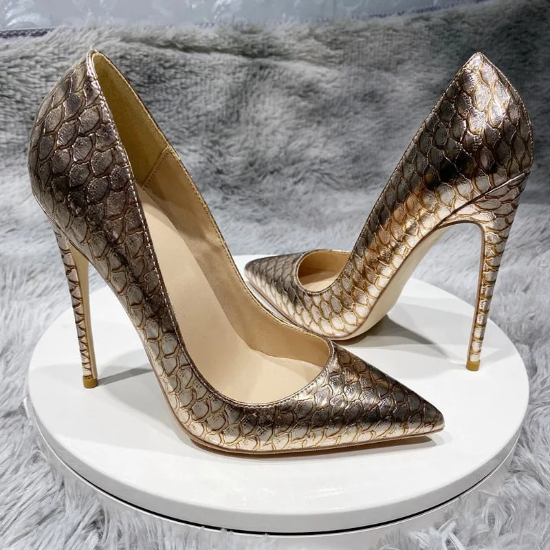 Shiny Gold Crocodile Pattern Pointy Toe Shoes