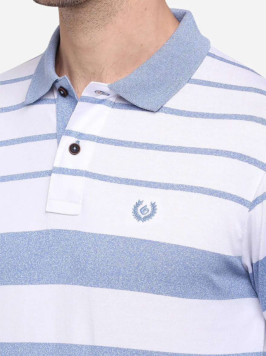 White & Blue Striped Slim Fit Polo T-Shirt | Greenfibre