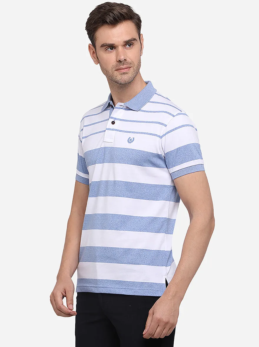 White & Blue Striped Slim Fit Polo T-Shirt | Greenfibre