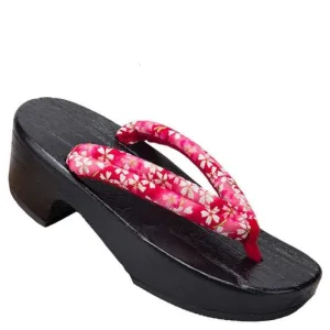 Women High Heel Geta Wooden Sandals [Red Base Cherry Blossom]