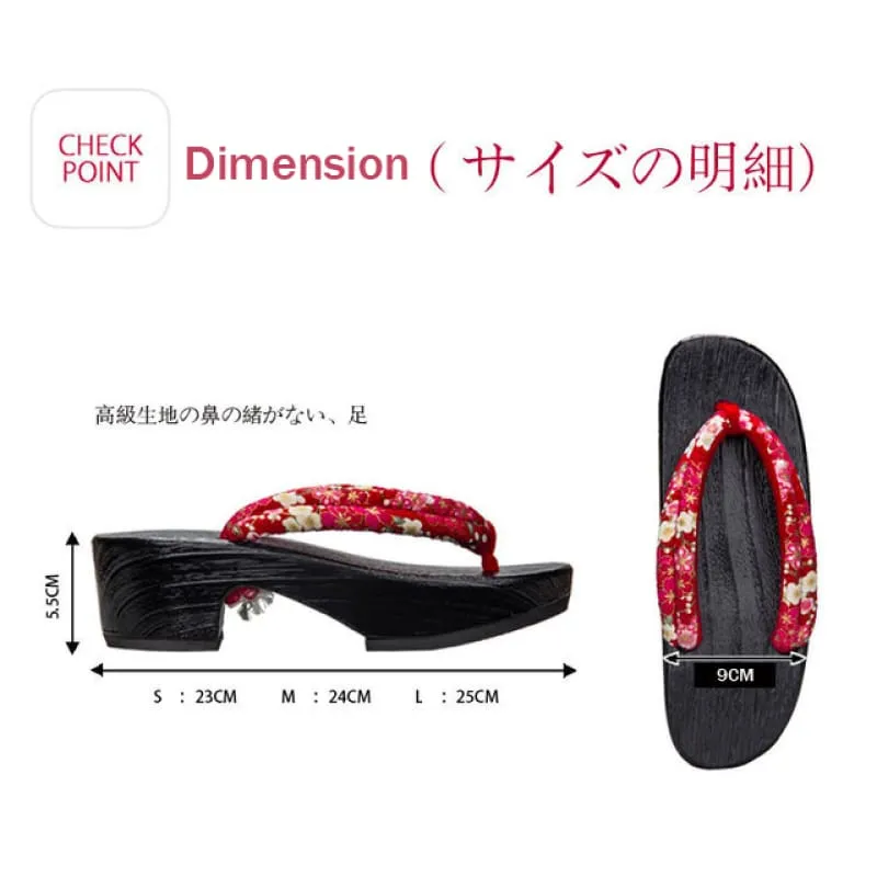 Women High Heel Geta Wooden Sandals [Red Base Cherry Blossom]