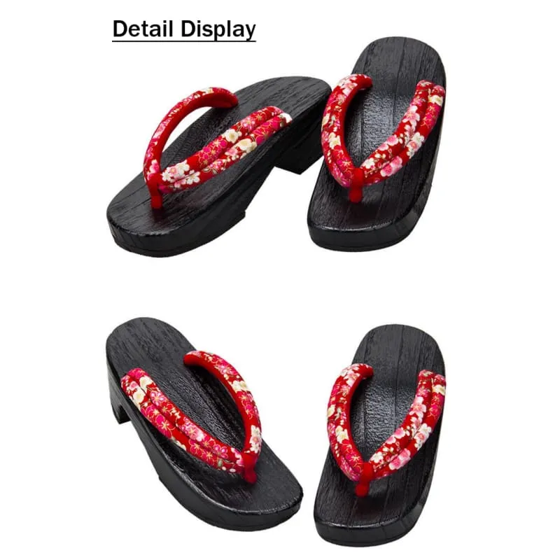 Women High Heel Geta Wooden Sandals [Red Base Cherry Blossom]